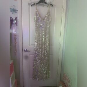 Lovely Day Floor length silver sequin gown Like New! Size L. $65 OBO